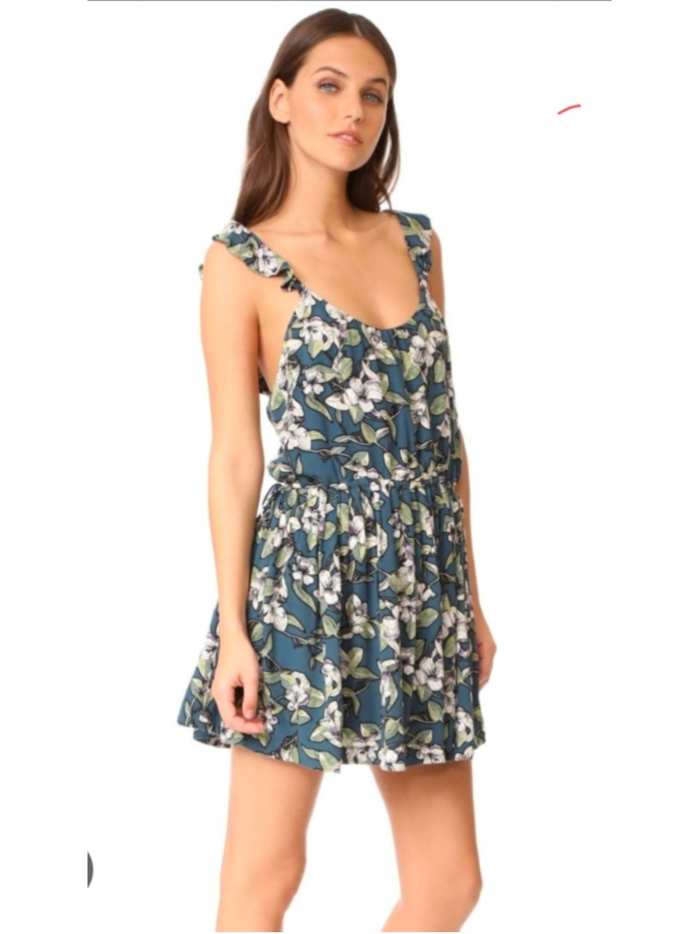 Free People Womens S Floral Mini Dress Blue Ruffle Strap Rayon Boho Flowy
